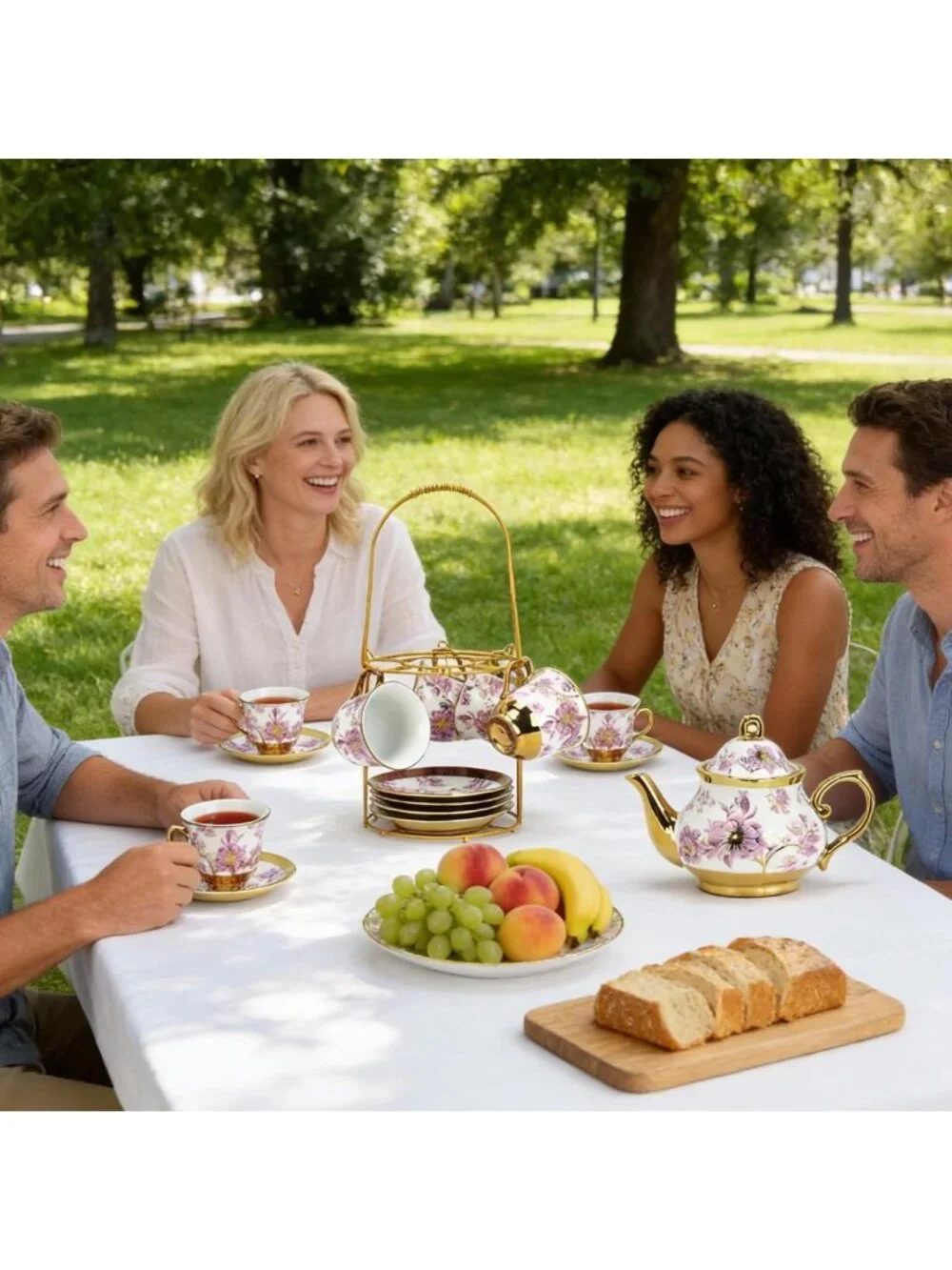 Elegant 20-Piece Porcelain Tea Set with Metal Holder for 6 - Perfect for